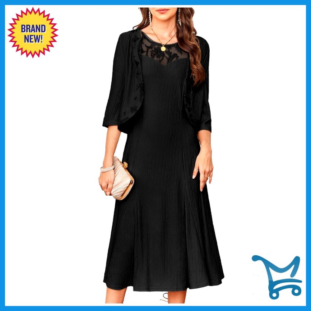 Lace Sequins Midi Dress With Jacket Formal Evening Wedding Guest Elegant